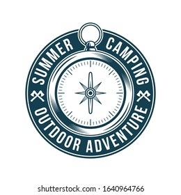 Vintage logo, print apparel design, vector illustration of emblem, patch, badge with classic vintage metal compass for trip, adventure, journey, travel, summer camping, outdoor explore.