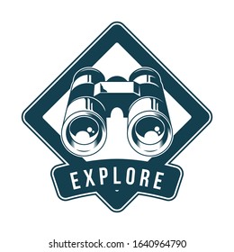 Vintage logo, print apparel design, vector illustration of emblem, patch, badge with Classic metal binoculars for watch animals birds and wildlife. Adventure, travel, summer camping, outdoor, explore.