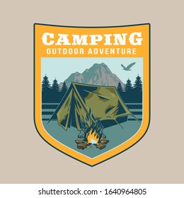 Vintage logo, print apparel design, vector illustration of emblem, patch, badge with camping in forest, campfire, old tent, mountains. Adventure, travel, summer camping, outdoor, natural, journey.