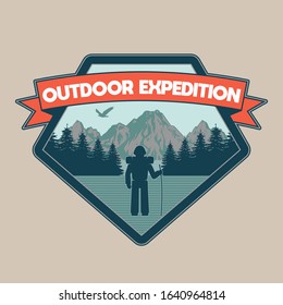 Vintage logo, print apparel design, vector illustration of emblem, patch, badge with man traveler in outdoor expedition forest mountains. Adventure, travel, summer camping, outdoor, explore, natural.