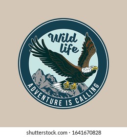 Vintage logo, print apparel design, vector illustration of emblem, patch, badge with classic American wild eagle bird predator in the fly. Adventure, travel, summer camping, outdoor, explore, natural.