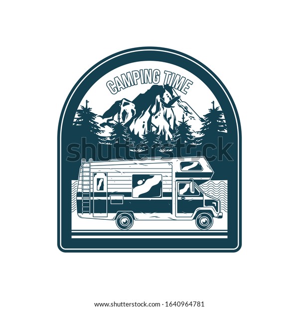 Vintage logo, print apparel design, vector\
illustration of emblem, patch, badge with classic family camper car\
for caravanning on mountains. Adventure, travel, summer camping,\
outdoor, natural\
journey