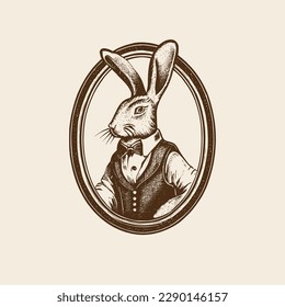 Vintage logo of a rabbit wearing a waitress vest. an old-school logo of a fancy rodent. Aesthetic retro logo of a bunny on a vest isolated on white