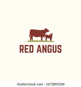 Vintage Logo. Red Angus and his child. Vector illustration.