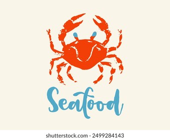 Vintage logo of red crab in block print style. Retro illustration of crab for seafood shop.