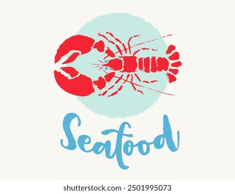 Vintage logo of red lobster is on plate in block print style. Retro illustration of lobster for seafood shop.