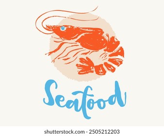 Vintage logo of red shrimp is on plate in block print style. Retro illustration of prawn for seafood shop.