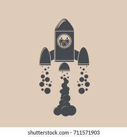 vintage logo, the rocket starts at the top with people inside of the nozzle swirls the smoke