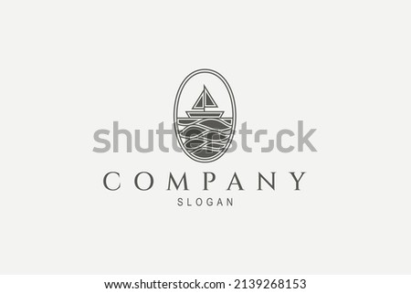 vintage logo of sailing ship with waves inside oval frame