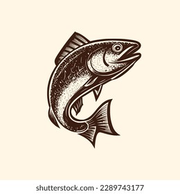 Vintage logo of a salmon. Black and white old-school logo of cod fish. Aesthetic retro logo of a fish flower isolated on white background. vector logo.