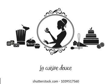 Vintage logo. Silhouette from bakery woman with cakes and kitchen stuff.  Vector.