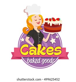 Vintage logo. Smiling woman in a cook cap with cake on white background