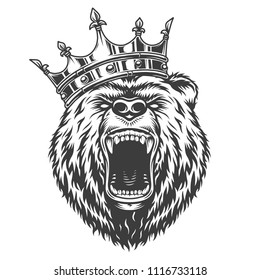 Vintage logo style bear with crow. Vector illustration
