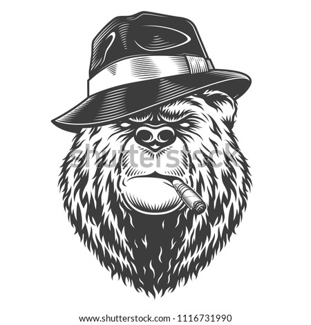 Vintage logo style bear in fedor hat with cigarette. Vector illustration
