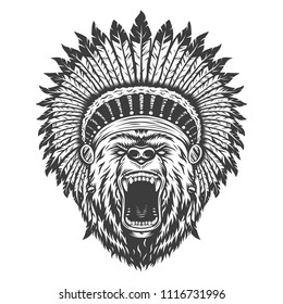 Vintage logo style bear with indian feather. Vector illustration