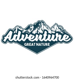 Vintage logo style print apparel design vector illustration of emblem, patch, badge with great snow-capped mountains for hiking trip journey. Adventure, travel, summer camping, outdoor natural concept