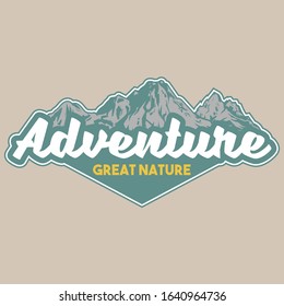 Vintage logo style print apparel design vector illustration of emblem, patch, badge with great snow-capped mountains for hiking trip journey. Adventure, travel, summer camping, outdoor natural concept