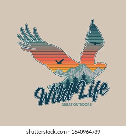 Vintage logo style print apparel design vector illustration with wildlife animal of american eagle and great mountains inside the silhouette. Travel, camping, outdoor, natural, wilderness, explore.