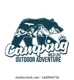 Vintage logo style print design vector illustration with wildlife animal of grizzly bear with great mountains inside the silhouette. Adventure, travel, camping, outdoor, natural, wilderness, explore.
