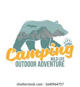 Vintage Logo Style Print Design Vector Illustration With Wildlife Animal Of Grizzly Bear With Great Mountains Inside The Silhouette. Adventure, Travel, Camping, Outdoor, Natural, Wilderness, Explore.