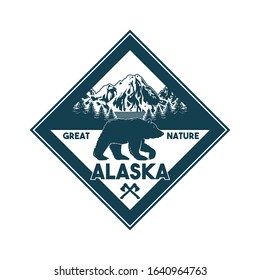 Vintage logo style print design vector illustration of emblem, patch, badges with wildlife animal of grizzly bear in Alaska forest. Adventure, travel, camping, outdoor, natural, wilderness, explore.
