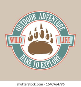 Vintage logo style print design vector illustration of emblem, patch, badges with wildlife animal foot paw of grizzly bear. Adventure, travel, summer camping, outdoor, natural, wilderness, explore.