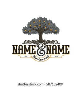 Vintage Logo Template: An Apple Tree With Luxurious Roots