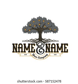 Vintage Logo Template: An Apple Tree With Luxurious Roots