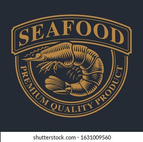 Vintage logo template with a shrimp for seafood theme on a dark background.
