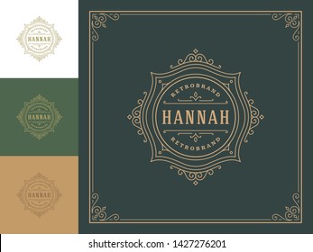 Vintage logo template vector golden elegant flourishes ornaments. Good for luxury crest, boutique brand, wedding shop, royal hotel sign. Frame border design.