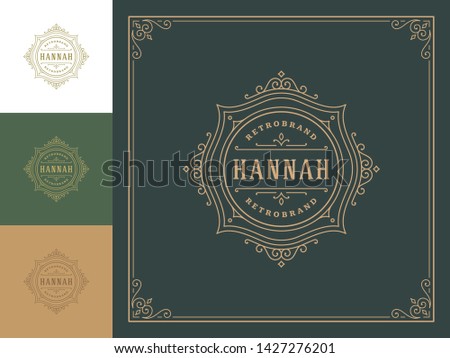 Vintage logo template vector golden elegant flourishes ornaments. Good for luxury crest, boutique brand, wedding shop, royal hotel sign. Frame border design.