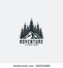 Vintage logo vector adventure and nature exploration with retro and hipsters styles. logo mountain and pines vector design template isolated on white background 