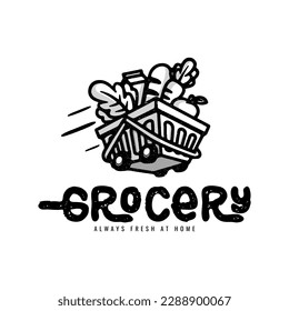 vintage Logo, Vegetable in shopping cart for grocery delivery logo design vector