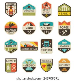 Vintage logos and badges. Professions and Transportation. Vector flat  logo set