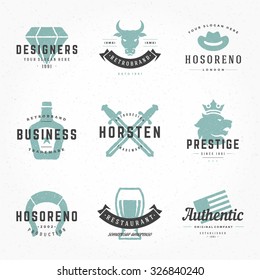 Vintage logos and badges typographic design with hand drawn style silhouettes and symbols set vector illustration. Modern retro elements for signs, logotypes and labels or other branding design.