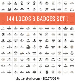 Vintage logos design templates set. Vector logotypes elements collection, icons symbols, retro labels, badges and silhouettes. Big Collection 144 Items.