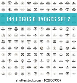 Vintage logos design templates set. Vector logotypes elements collection, icons symbols, retro labels, badges and silhouettes. Big Collection 144 Items.