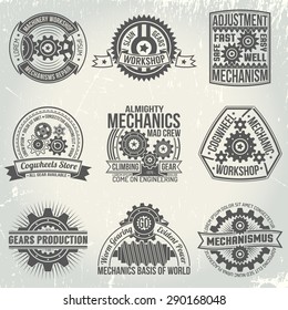 Vintage logos with gears and mechanisms. Emblems on the subject of mechanics in retro style. Background with scratches on a separate layer.