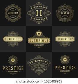 Vintage logos and monograms set elegant flourishes line art graceful ornaments victorian style vector template design. Classic ornate calligraphic for luxury crest royal heraldic boutique, restaurant