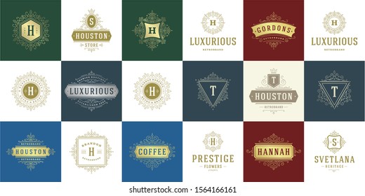Vintage logos and monograms set elegant flourishes line art graceful ornaments victorian style vector template design. Classic ornate calligraphic for luxury crest royal heraldic boutique, restaurant