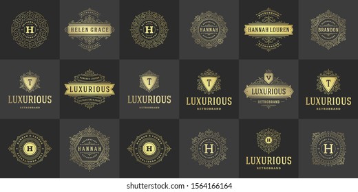 Vintage logos and monograms set elegant flourishes line art graceful ornaments victorian style vector template design. Classic ornate calligraphic for luxury crest royal heraldic boutique, restaurant