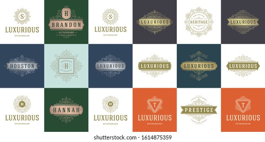 Vintage logos and monograms set elegant flourishes line art graceful ornaments victorian style vector template design. Classic ornate calligraphic for luxury crest royal heraldic boutique, restaurant