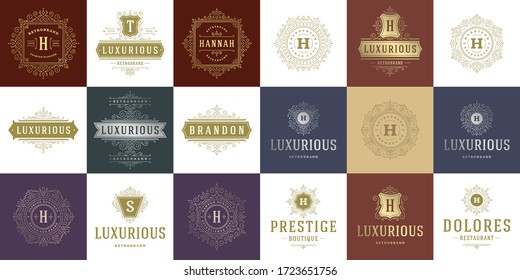 Vintage logos and monograms set elegant flourishes line art graceful ornaments victorian style vector template design. Classic ornate calligraphic for luxury crest royal heraldic boutique, restaurant