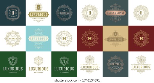 Vintage logos and monograms set elegant flourishes line art graceful ornaments victorian style vector template design. Classic ornate calligraphic for luxury crest royal heraldic boutique, restaurant