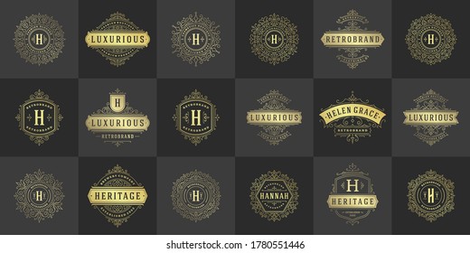 Los logos y monogramas de época establecen elegantes florecen en línea adornos elegantes adornos de estilo victoriano diseño de plantillas vectoriales. Clásica caligráfica ornamental para el lujo cresta real heráldico boutique, restaurante
