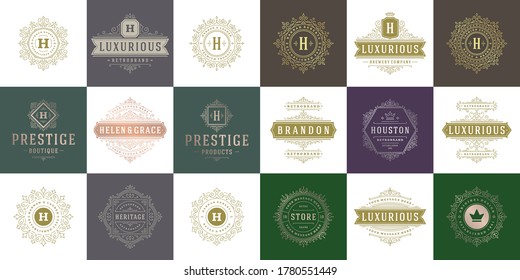 Los logos y monogramas de época establecen elegantes florecen en línea adornos elegantes adornos de estilo victoriano diseño de plantillas vectoriales. Clásica caligráfica ornamental para el lujo cresta real heráldico boutique, restaurante