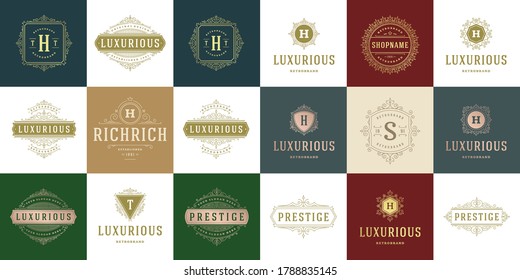 Vintage logos and monograms set elegant flourishes line art graceful ornaments victorian style vector template design. Classic ornate calligraphic for luxury crest royal heraldic boutique, restaurant