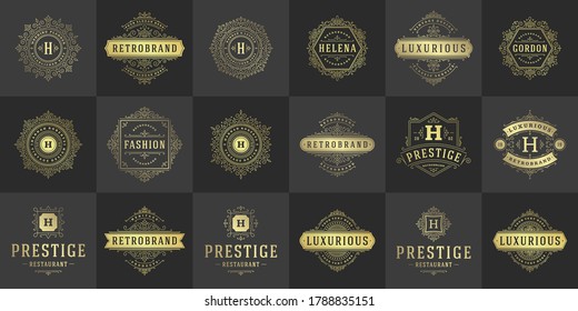 Vintage logos and monograms set elegant flourishes line art graceful ornaments victorian style vector template design. Classic ornate calligraphic for luxury crest royal heraldic boutique, restaurant