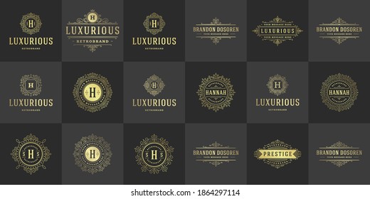Vintage-Logos und Monogramme setzen elegante Blüten Linien-Kunst graziösen Ornamenten siktorianischen Stil Vektordesign. Klassische Kalligraphie für luxuriöse königliche Heraldische Boutique, Restaurant