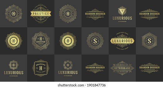 Los logos y monogramas de época establecen elegantes florecen en línea adornos elegantes adornos de estilo victoriano diseño de plantillas vectoriales. Clásica caligráfica ornamental para el lujo cresta real heráldico boutique, restaurante